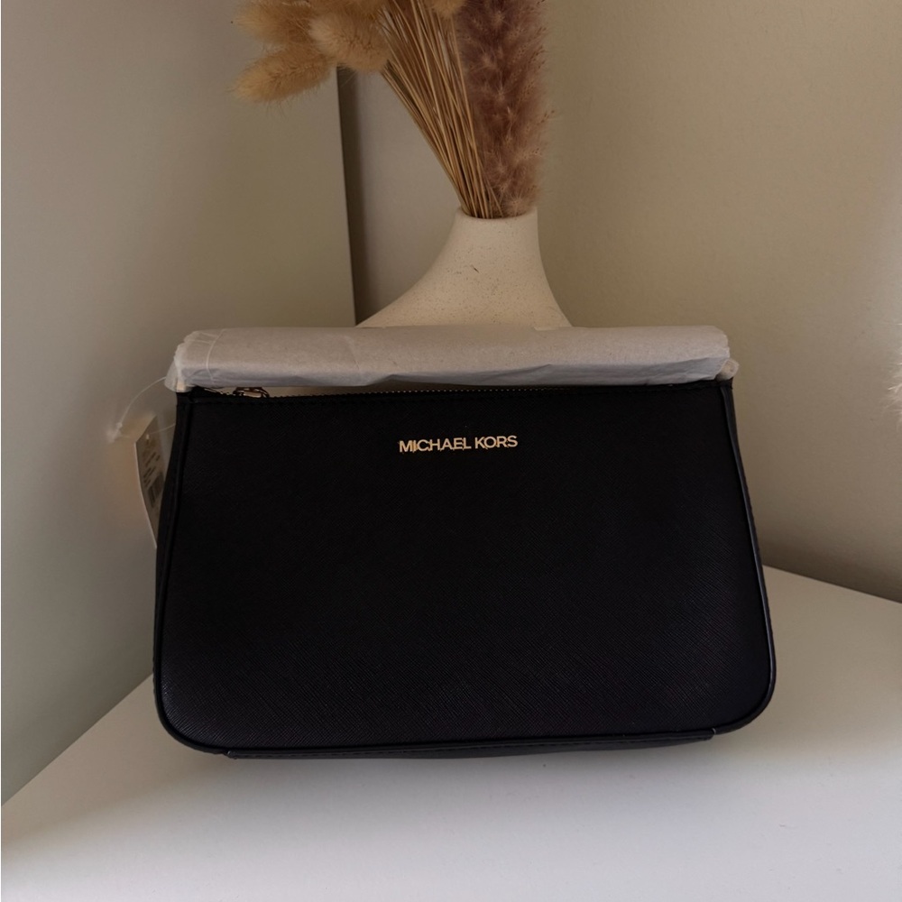 Michael Kors Black Clutch with Textured Finish and Metallic Logo
